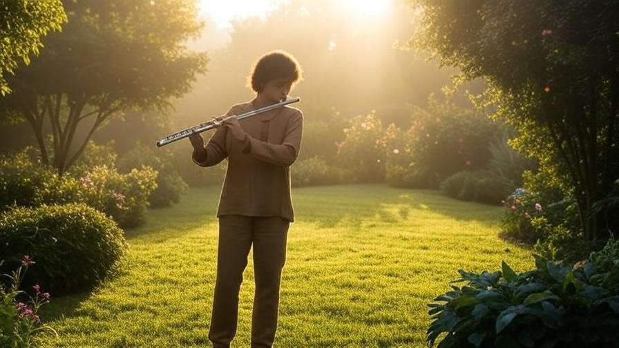 Person playing flute in a peaceful garden at sunrise for meditation sheet music