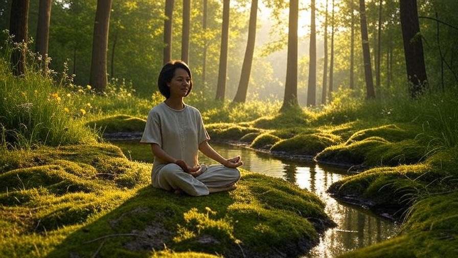 Person meditating peacefully in a serene forest clearing at sunrise, inspired by Walden meditation.