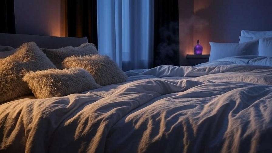 Cozy bedroom with dim lighting, blackout curtains, and lavender diffuser for better sleep.