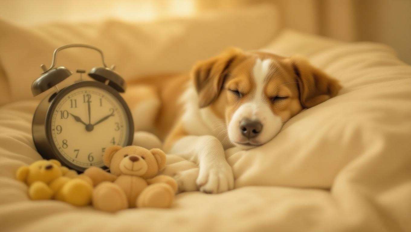 Dog resting peacefully in a cozy corner with a clock showing fixed bedtime