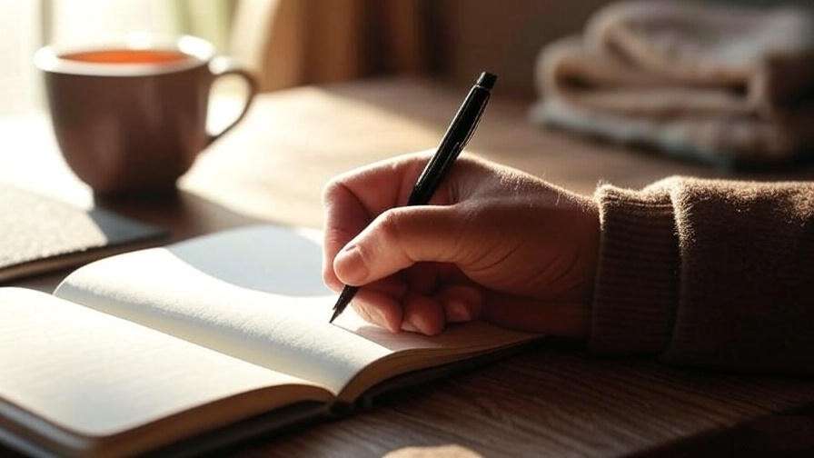 Hand journaling beside Kindle with tea for mindfulness practice.