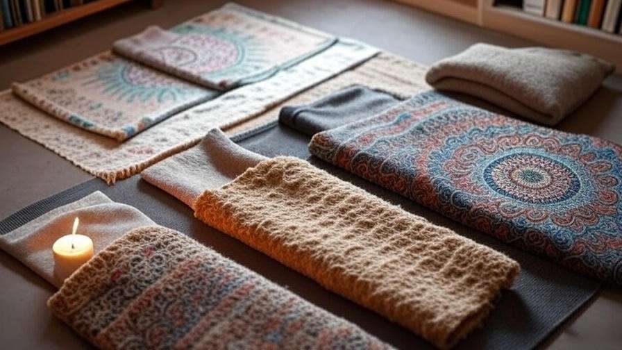 Display of meditation shawls on a yoga mat with cushion and candle in a cozy home setup