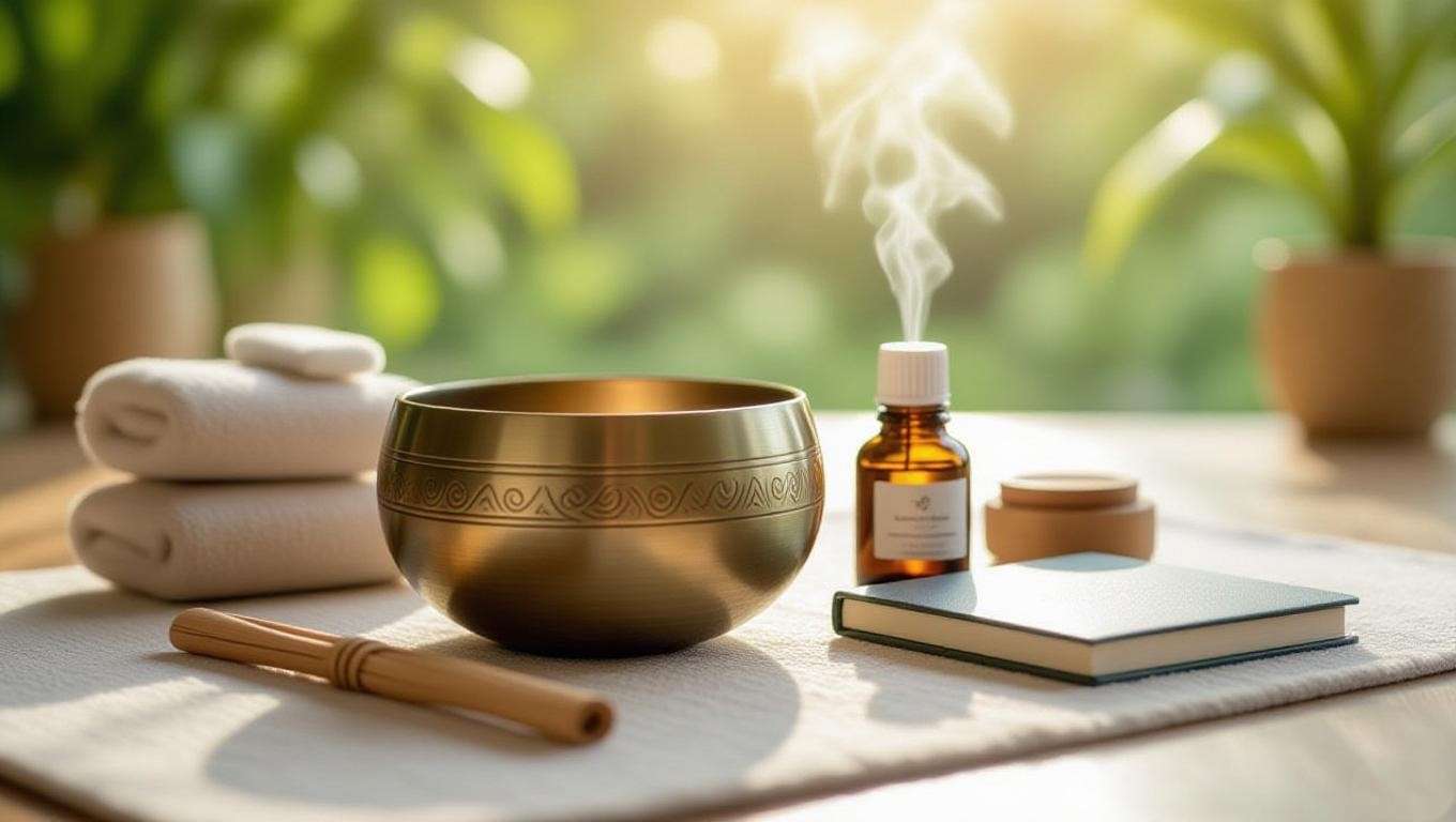 Holistic well-being scene with meditation bowl set, yoga props, journal, and diffuser.