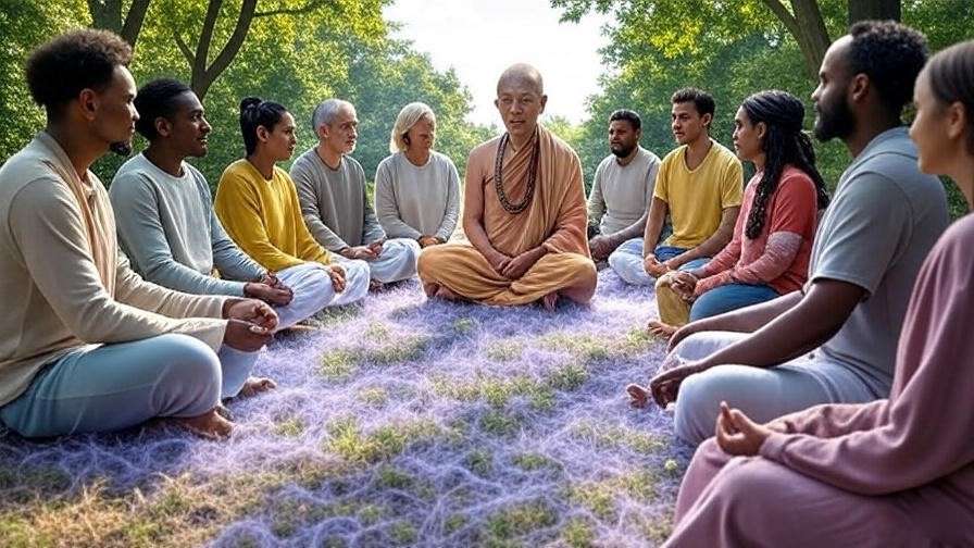 Group of meditators with teacher and purple energy field, symbolizing spiritual guidance.