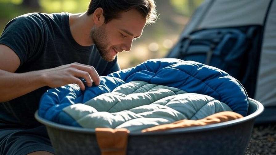 Person cleaning a sleeping bag coat with camping gear in background.