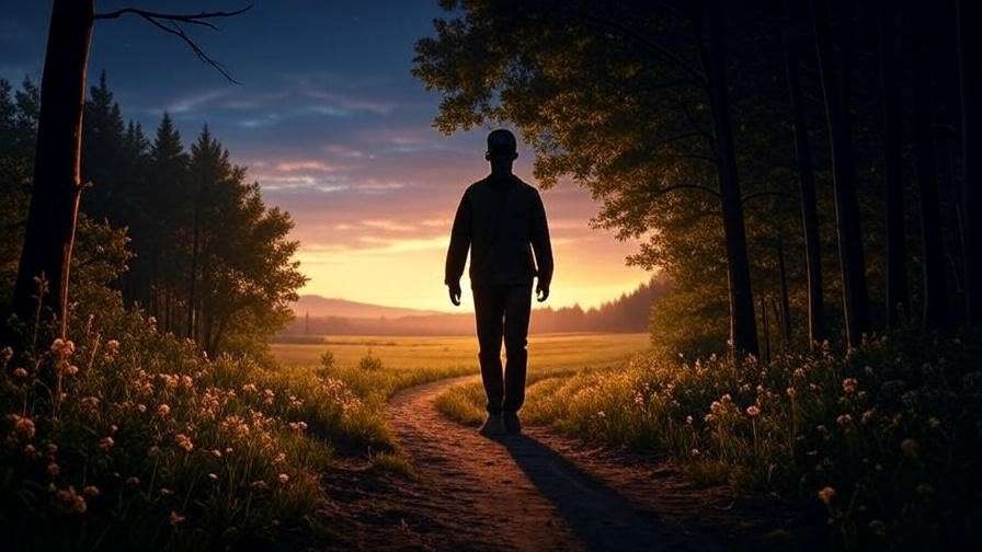 Silhouette of recovery journey through forest path for NA meditation transformation.
