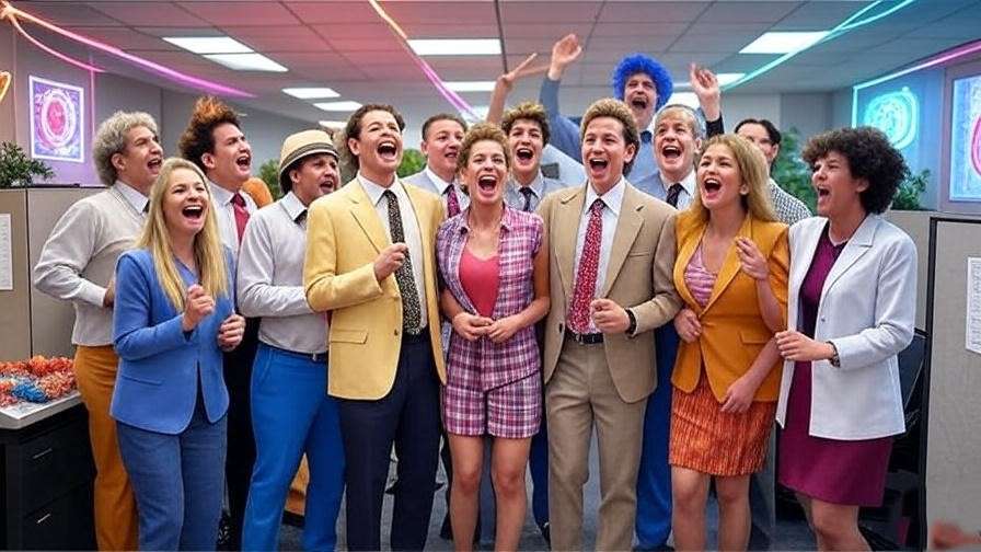 Lively work anniversary party with employees in 1980s costumes and neon decorations.