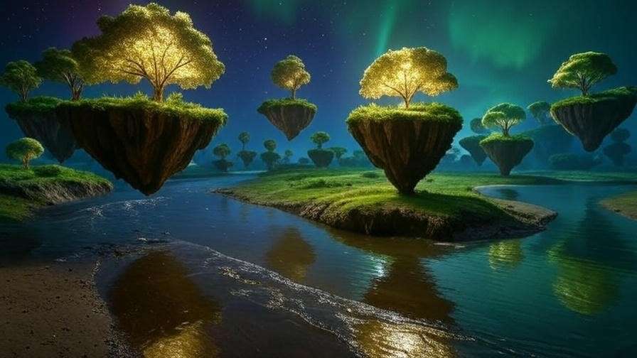 Surreal dream landscape with floating islands and glowing trees in a dream park playground. 