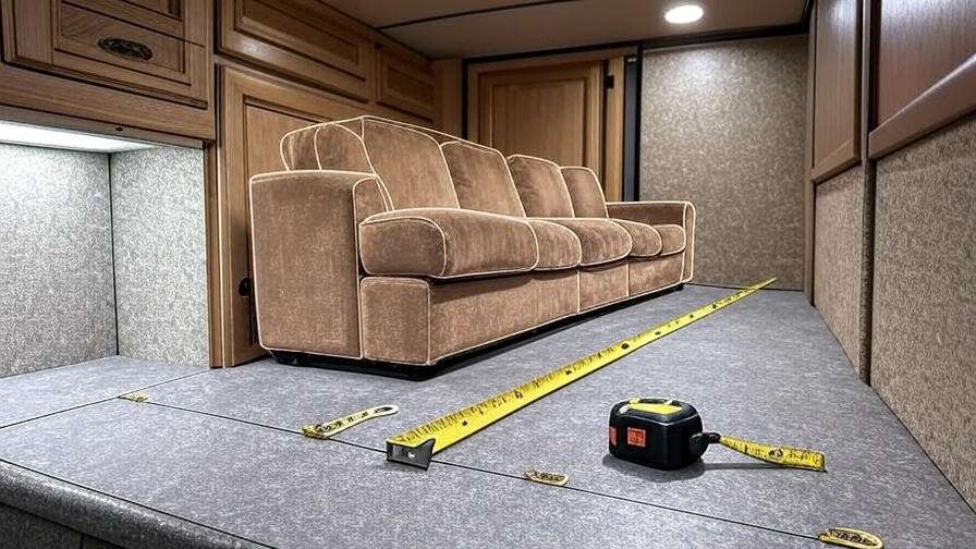 Diagram showing how to measure RV space for sleeper sofa installation.