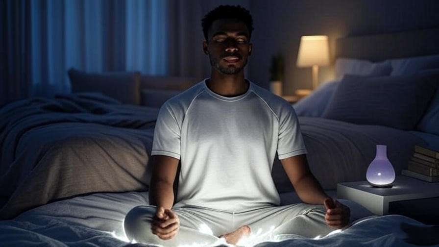 Person meditating with white light glow in a tranquil bedroom for sleep preparation.