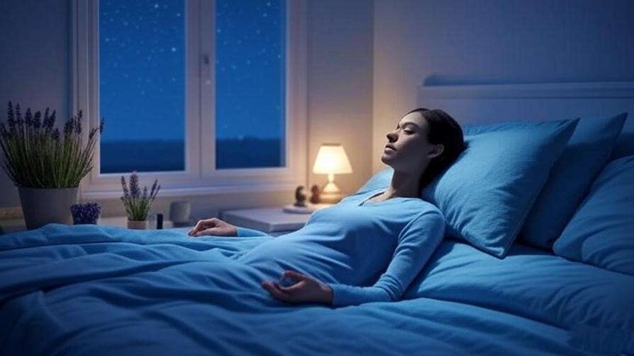 Tranquil bedroom with person meditating for deep sleep, soft blue bedding, starry night sky, and lavender plants.