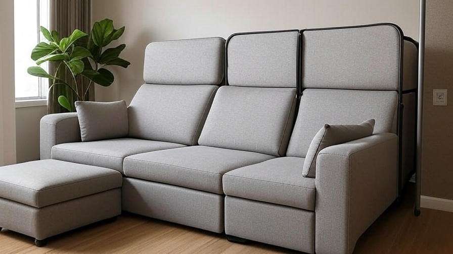 Small apartment with reclining sleeper sofa, foldable screen, and ottoman in a multi-functional space.