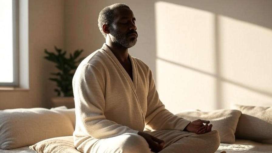Person practicing morning breathwork meditation in a cozy indoor space with soft light.
