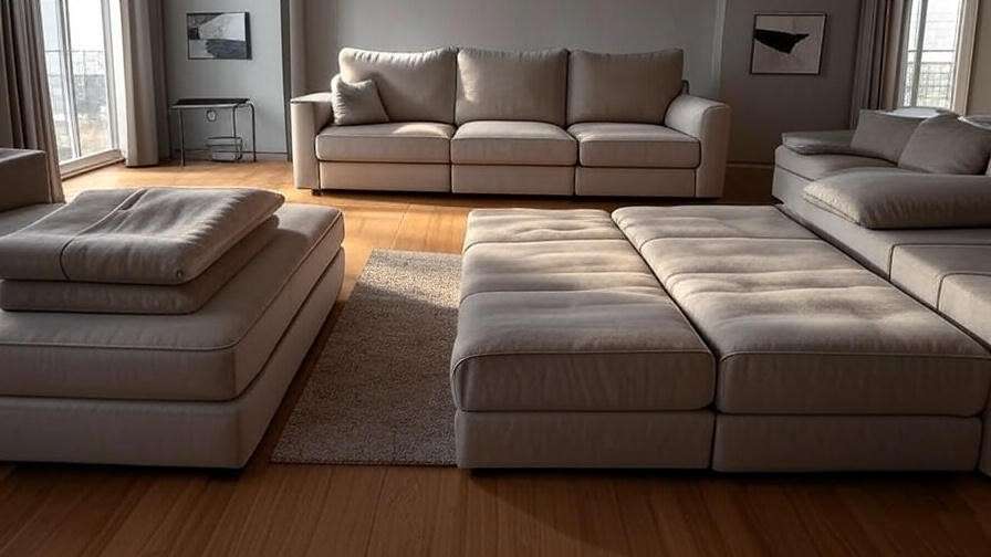 Diagram of queen sleeper sofa dimensions showing sofa and bed measurements in a modern living room.