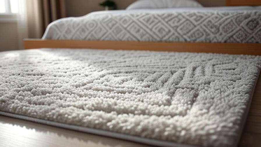 Close-up of plush Dream Weaver Carpet with intricate patterns in a serene bedroom.