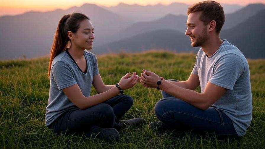 Two people sharing a moment with amethyst and lava stone meditation bracelets against a mountain sunset.