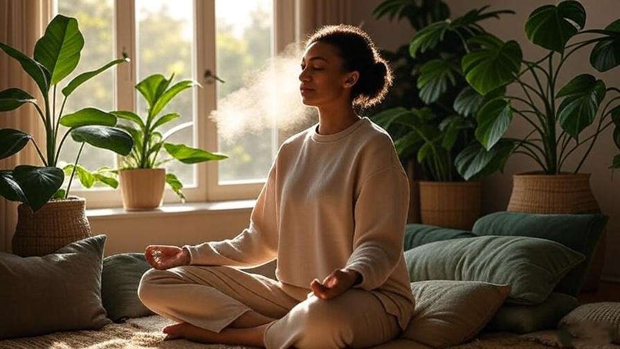 Person meditating with feet visible in a room with plants and a diffuser for mindfulness.