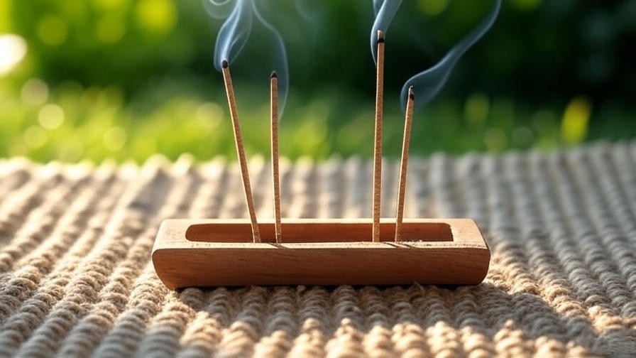 Close-up of burning meditation incense sticks on a wooden holder with garden background.