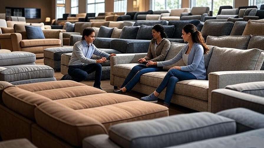 La-Z-Boy sleeper sofa showroom with customers testing models and a salesperson assisting.