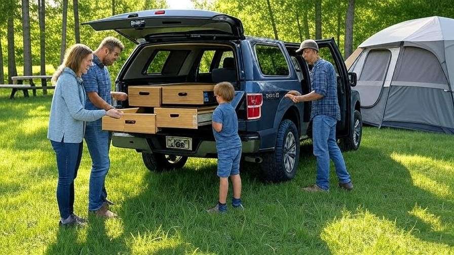 Family setting up a Ford F150 sleeper with custom drawers in a campsite.