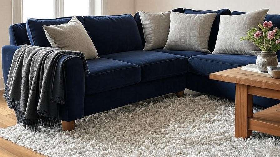 Navy blue velvet sleeper sofa with linen pillows and stylish decor in a bright living room. 