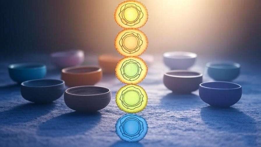 Infographic of seven chakras with matching chakra meditation bowls in a circular layout.