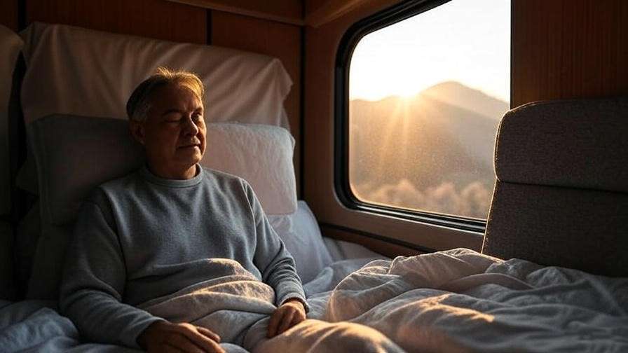 Passenger practicing mindfulness on a train bed with mountain sunrise view.