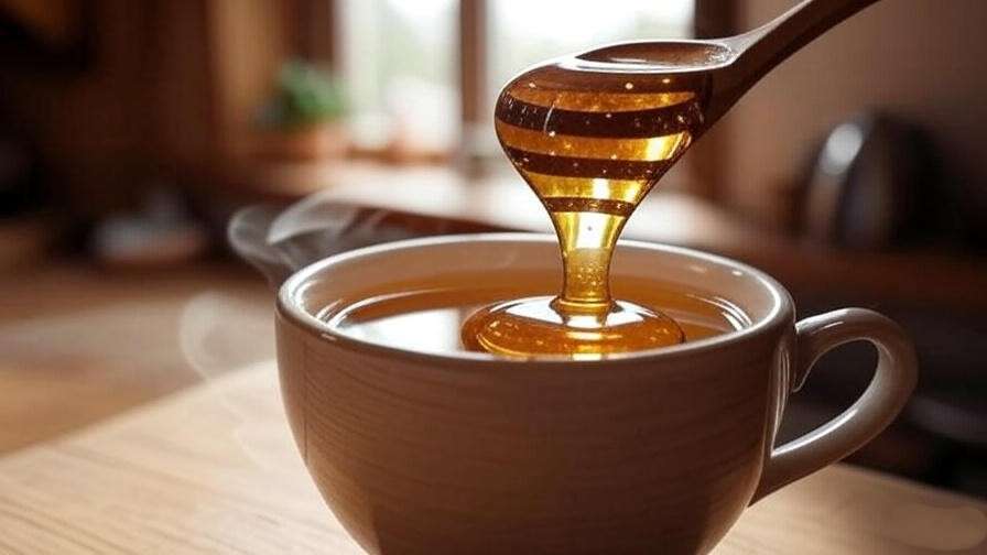 Close-up of raw honey dripping into chamomile tea for better sleep.