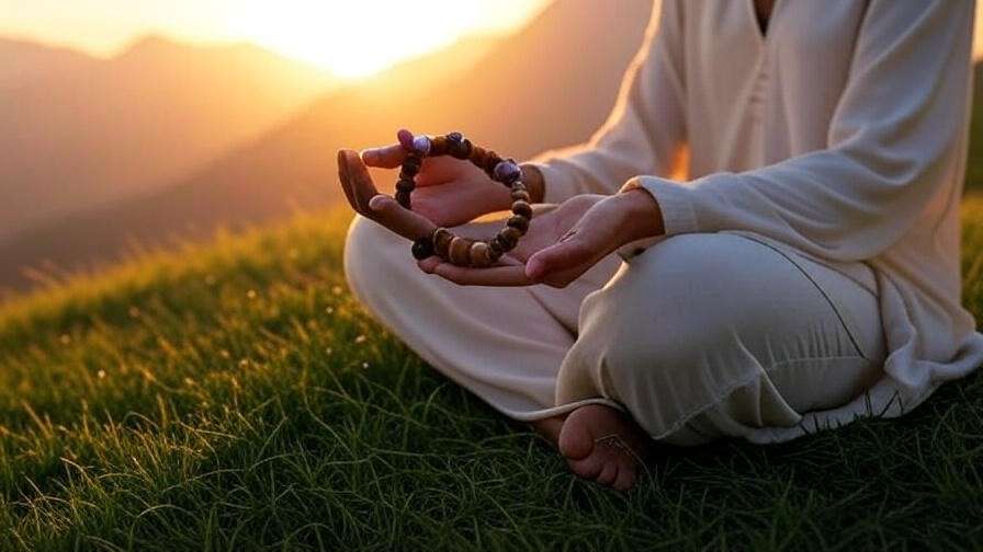 Person meditating with a meditation bracelet made of amethyst and sandalwood beads in a serene outdoor setting.