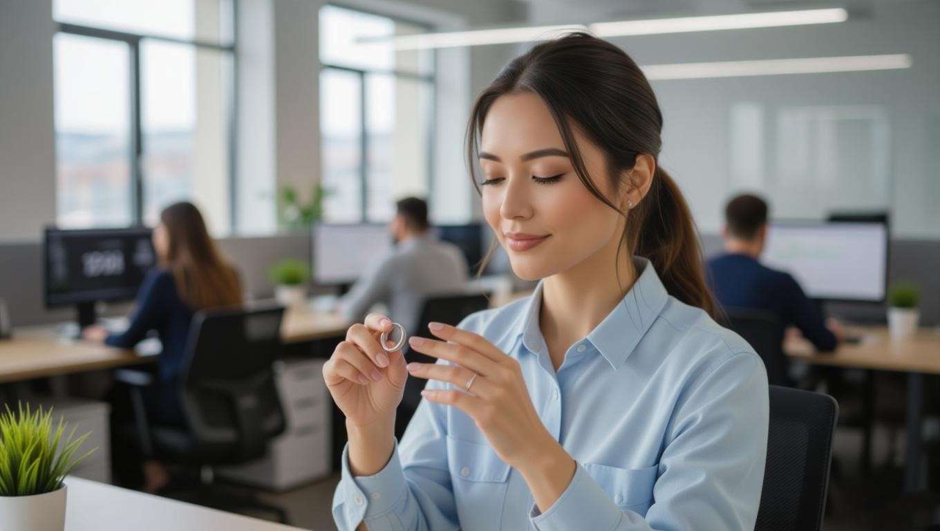 Person spinning a meditation ring in a busy office for mindfulness.