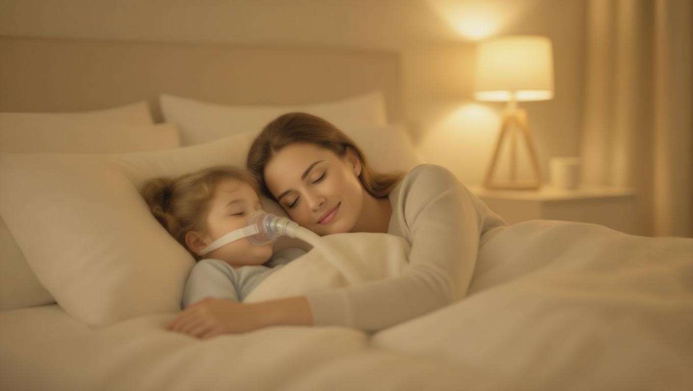 Child using CPAP machine with supportive parent in bedroom