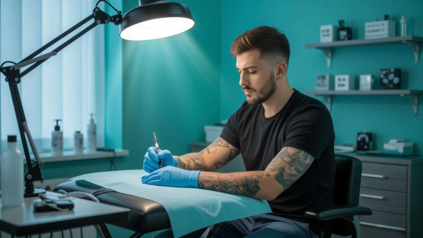 Person visualizing healing light during tattoo session in a modern studio