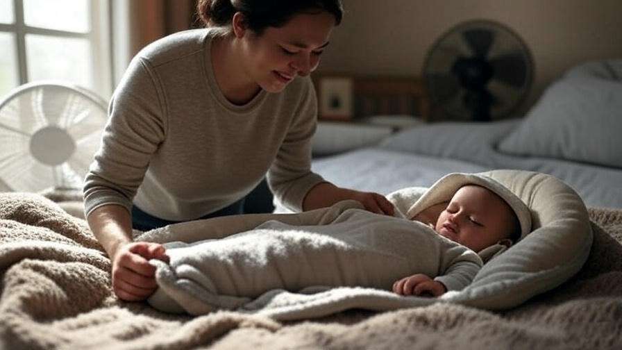Parent adjusting baby’s sleep sack and using fan to cool down overheating baby