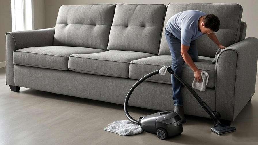 Person cleaning a La-Z-Boy sleeper sofa with a vacuum and cloth for upholstery care.