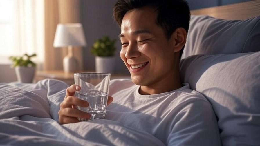 Person smiling in bed with an empty Neuro Sleep Drink glass in morning light