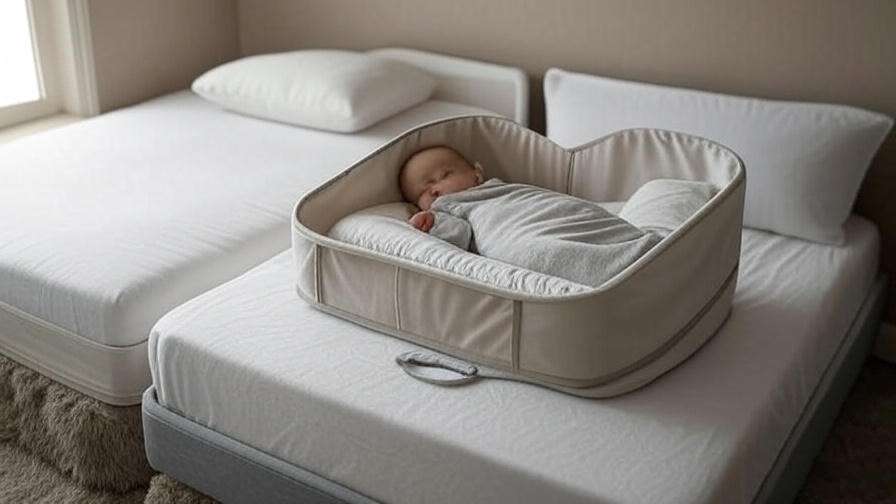 Minimalist sidecar crib setup with baby sleeping safely on a firm mattress in a breathable sleep sack.