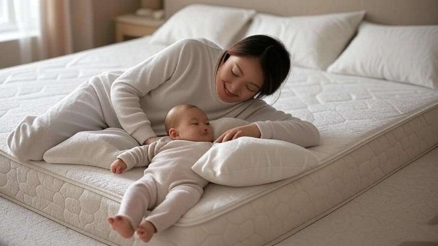 Parent in C-position with baby on firm mattress in a safe, clutter-free bedroom.