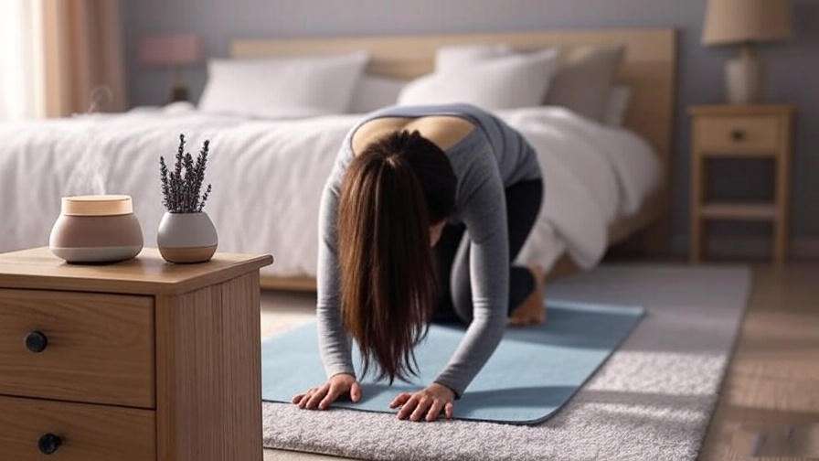 Cozy bedroom with person in child’s pose, diffuser, chamomile tea, and lavender for better sleep.