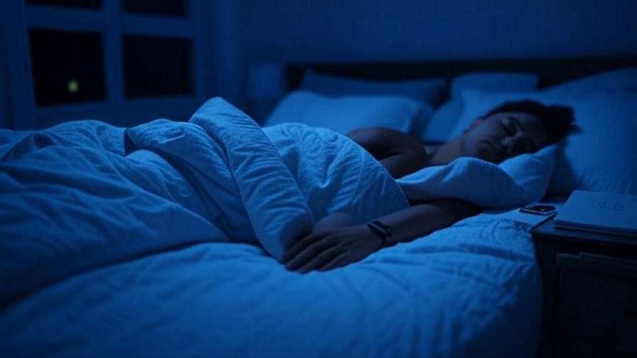 Person in bed with smartwatch and sleep journal on nightstand for tracking deep sleep progress.