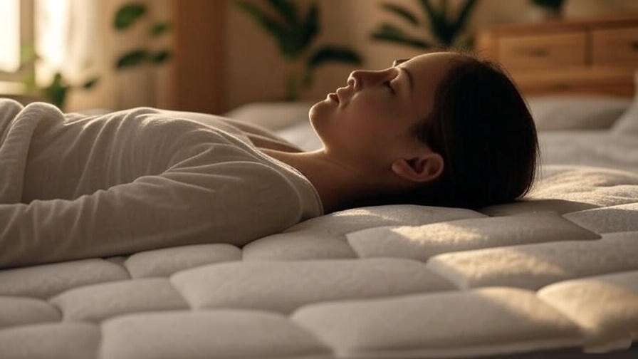  Side view of a person on a latex mattress with aligned spine, illustrating pain relief benefits.
