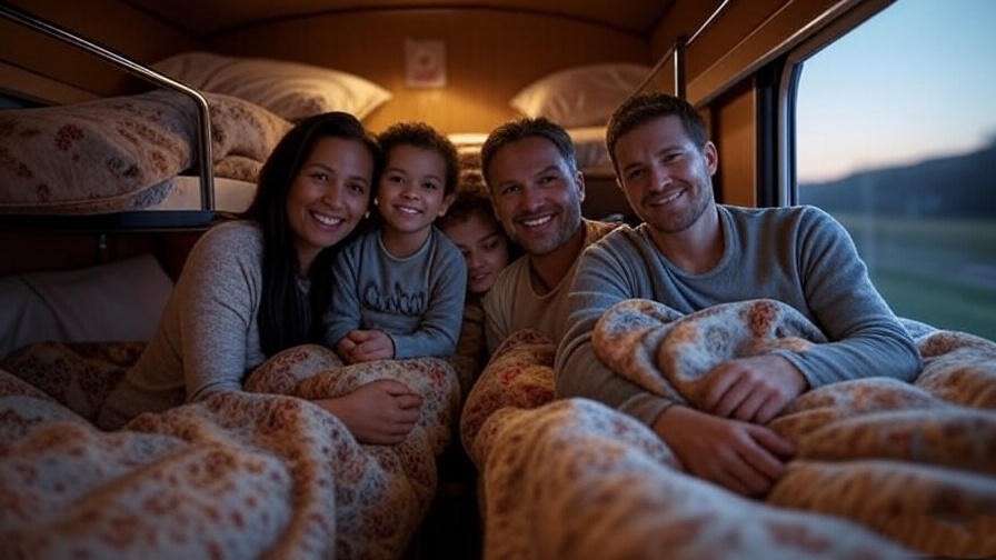 Family resting in a train sleeper compartment with bunk beds and countryside view.