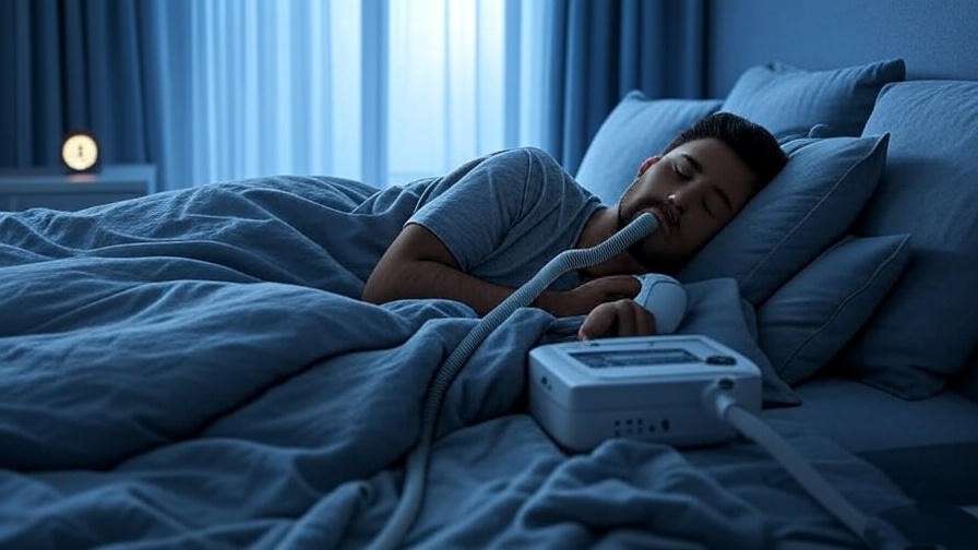 Person using CPAP machine in a cozy bed for sleep apnea management