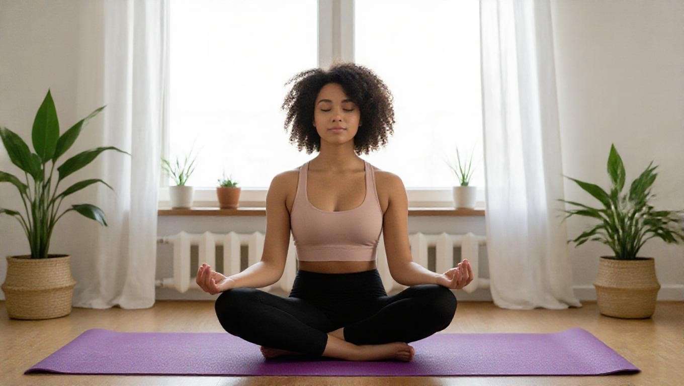 Person meditating indoors on a yoga mat with natural light, creating a peaceful setup for beginners.