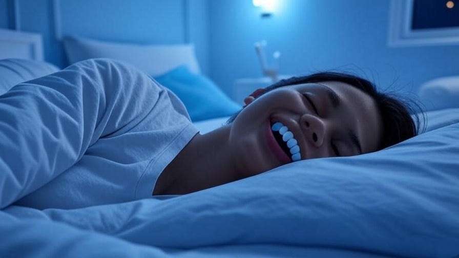 Person wearing a custom mouthguard sleeping peacefully in a calm bedroom to prevent tongue biting.