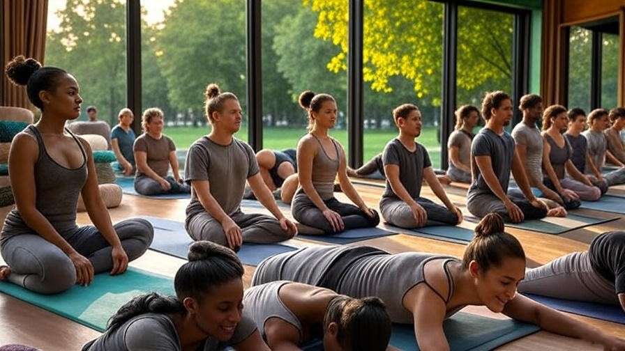 Diverse group practicing restorative yoga poses for better sleep in Greenwich studio at dusk.
