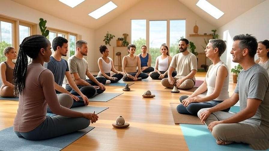 Diverse Greenwich community in holistic yoga and meditation wellness gathering at Kaia studio.

