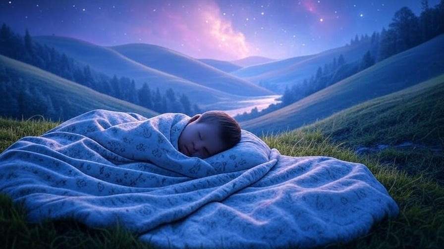 Dreamy fantasy landscape with sleeping figure under starry sky.
