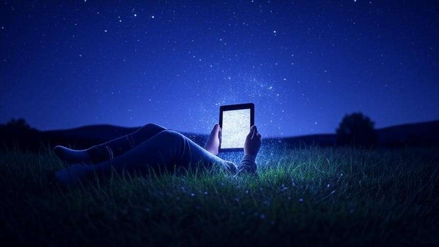 Silhouette dreaming with Kindle under starry night sky.