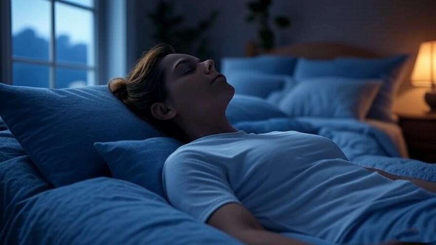 Person practicing body scan meditation in a serene bedroom at night with moonlight and dim lighting.