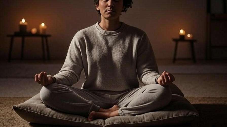 Person practicing breath awareness meditation with candlelight in a calm room.